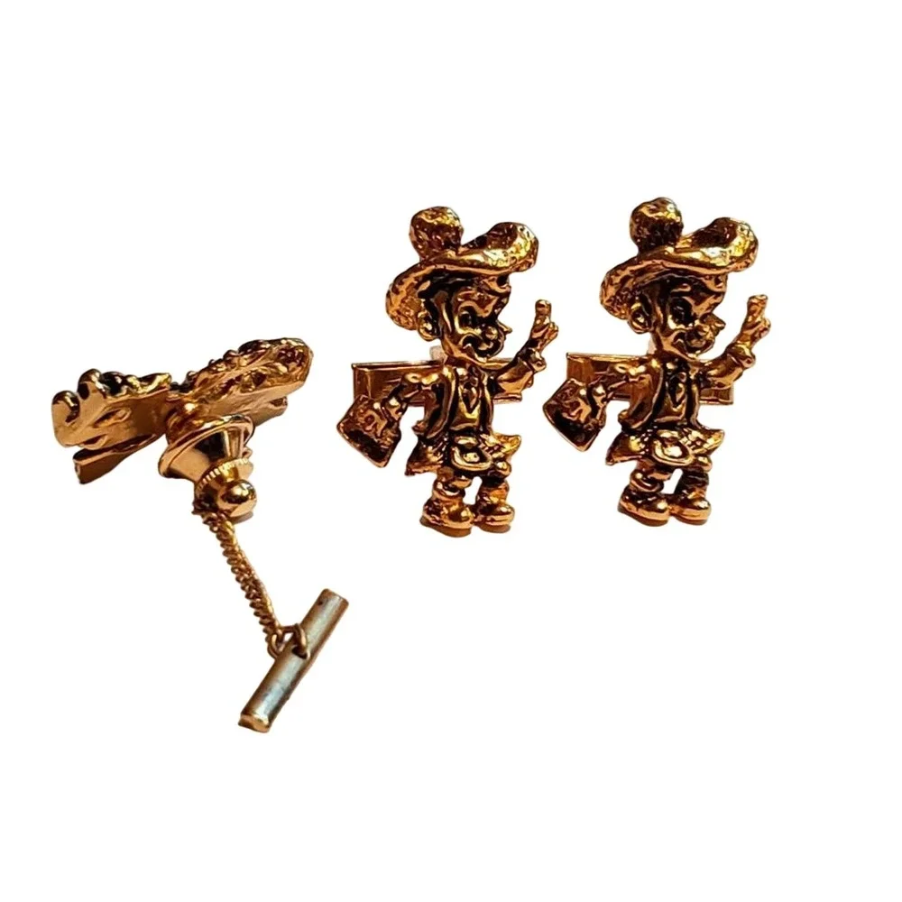 Figural Cufflinks Tie Tack Lapel Pin Set Gold Tone Scottish Leprechaun‎ Vintage